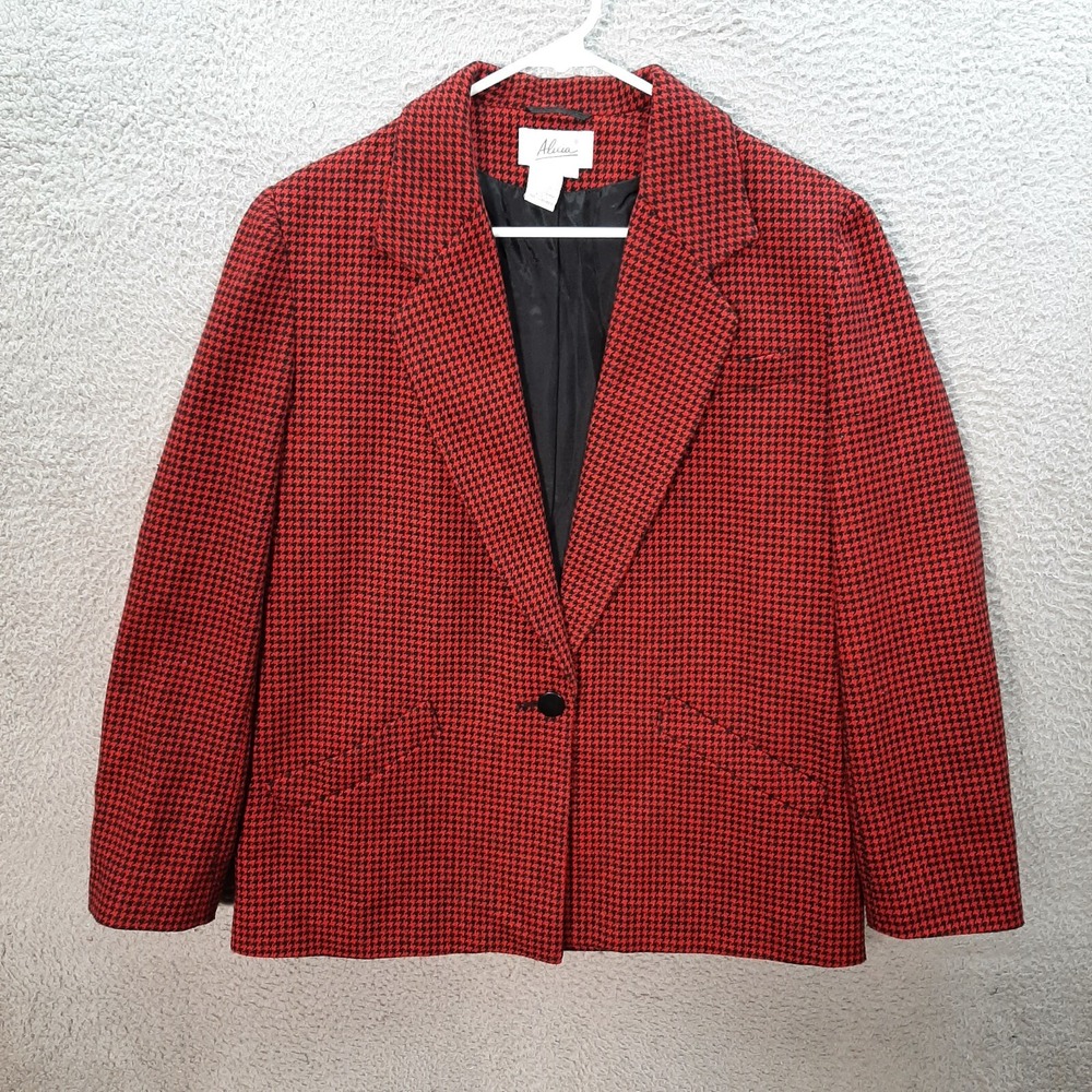 Vintage Alicia Jacket Womens 12 Red Black Herringbone Blazer‎ Wool Blend Mature